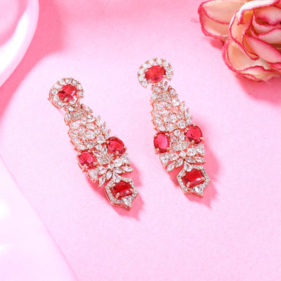 Estele Rose Gold Plated CZ Astonishing Earrings with Tourmaline Pink Stones for Women