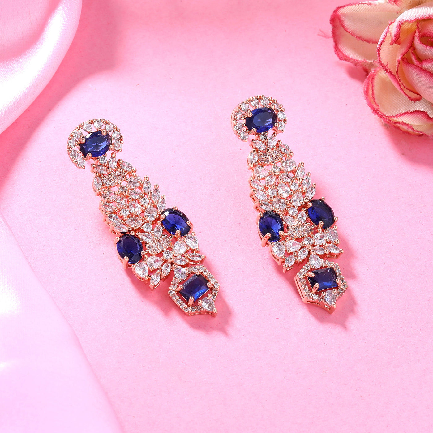 Estele Rose Gold Plated CZ Astonishing Earrings with Blue Stones for Women