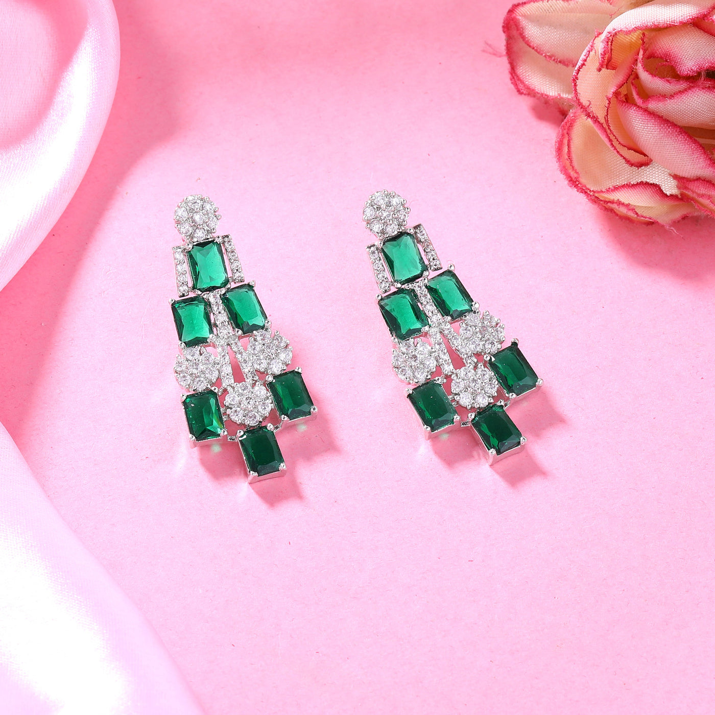 Estele Rhodium Plated CZ Shimmering Earrings with Green Stones for Women