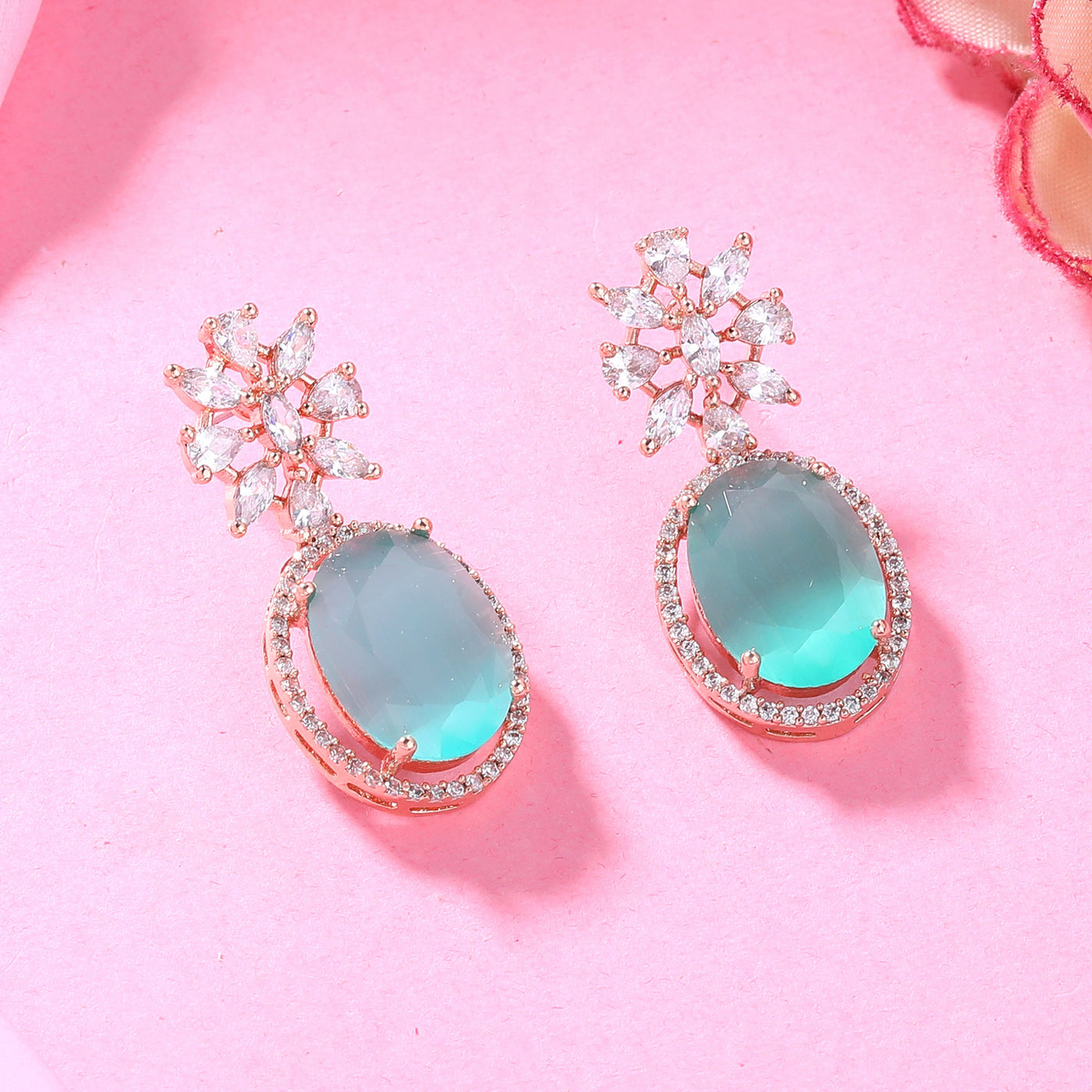 Estele Rose Gold Plated CZ Gorgeous Drop Earrings with Mint Green Stones for Women