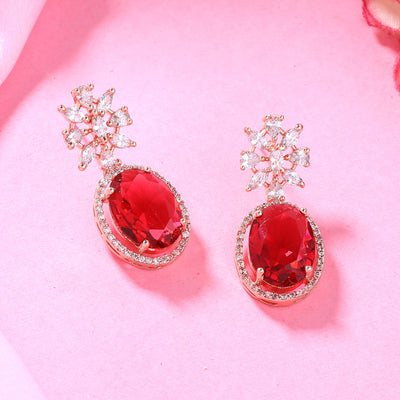 Estele Rose Gold Plated CZ Gorgeous Drop Earrings with Tourmaline Pink Stones for Women