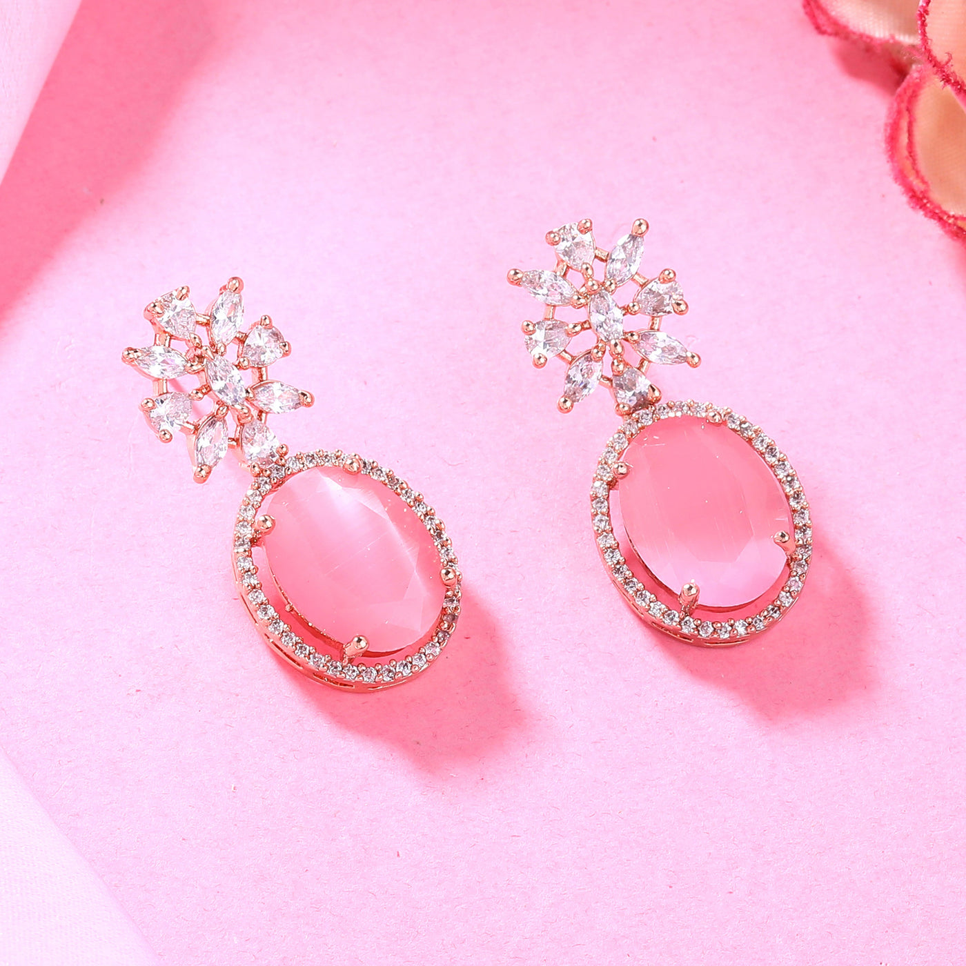 Estele Rose Gold Plated CZ Gorgeous Drop Earrings with Mint Pink Stones for Women