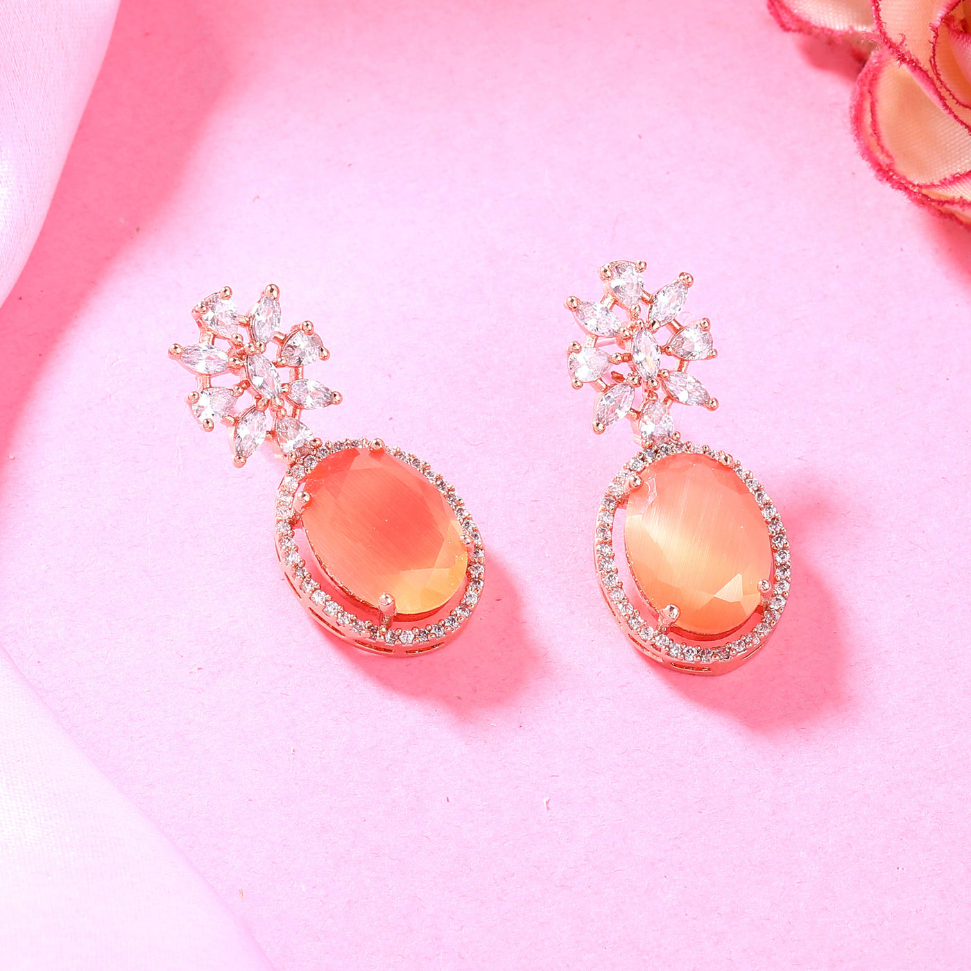 Estele Rose Gold Plated CZ Beautiful Drop Earrings with Orange Stones for Women