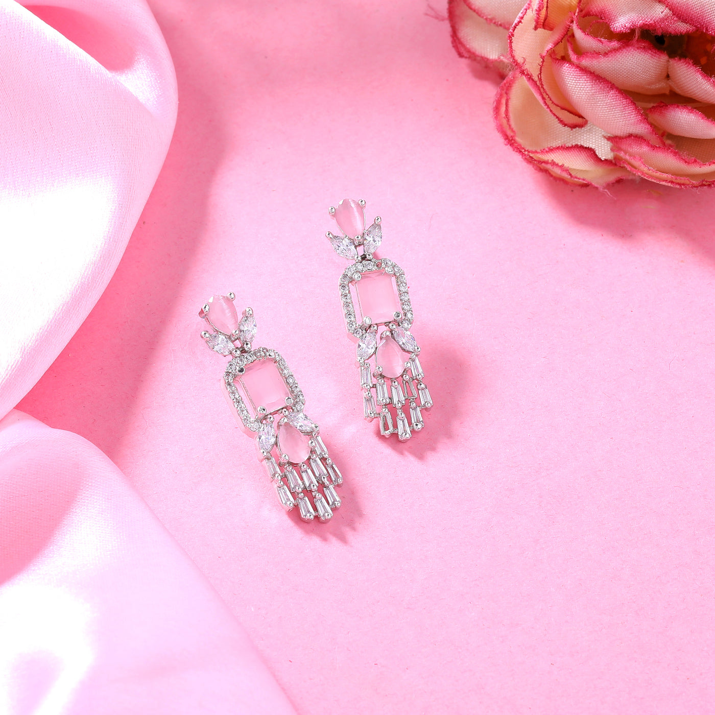 Estele Rhodium Plated CZ Ablaze Drop Earrings with Mint Pink Stones for Women