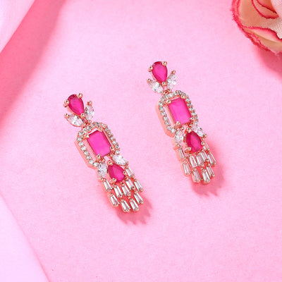 Estele Rose Gold Plated CZ Ablaze Drop Earrings with Ruby Stones for Women