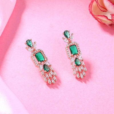 Estele Rose Gold Plated CZ Ablaze Drop Earrings with Green Stones for Women