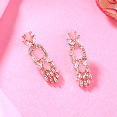 Estele Rose Gold Plated CZ Ablaze Drop Earrings with Mint Pink Stones for Women