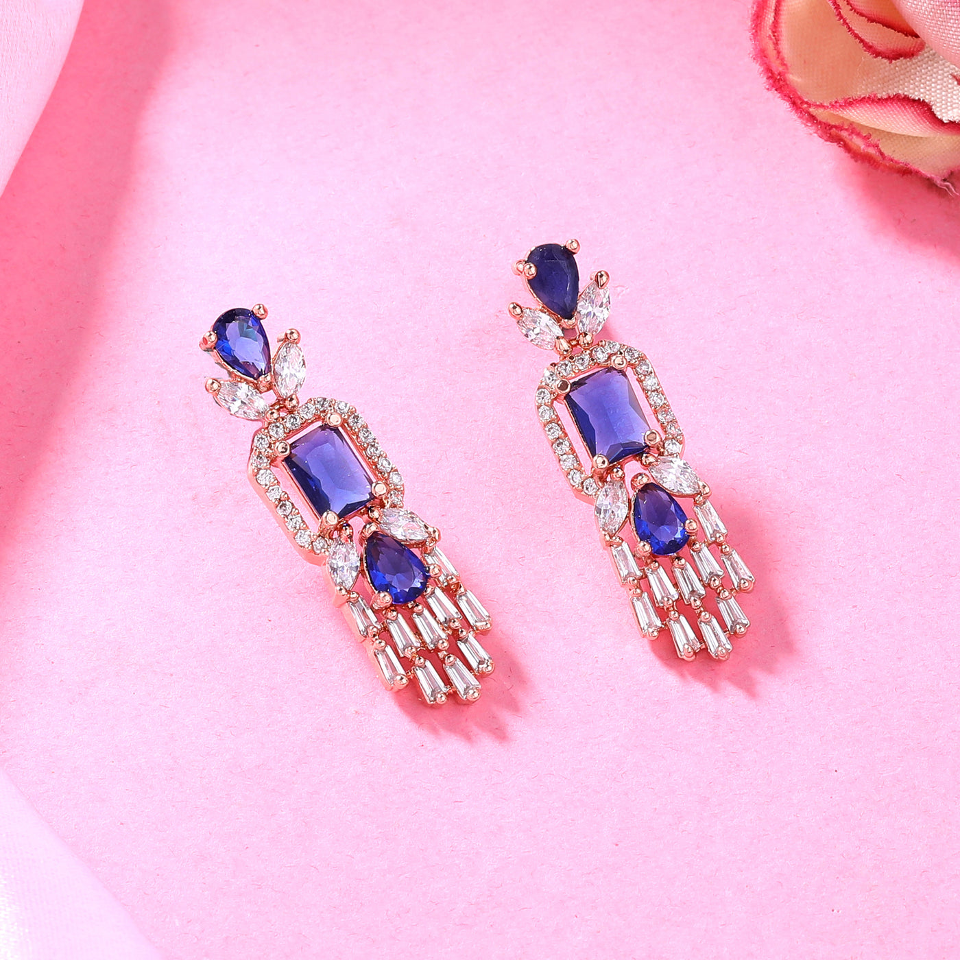 Estele Rose Gold Plated CZ Ablaze Drop Earrings with Blue Stones for Women