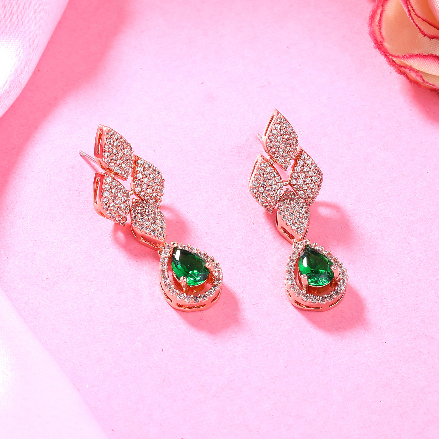 Estele Rose Gold Plated CZ Splendid Drop Earrings with Green Stones for Women