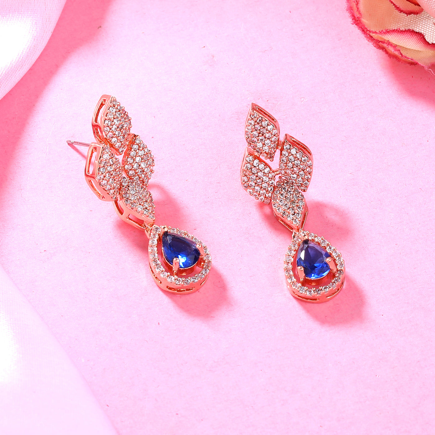 Estele Rose Gold Plated CZ Splendid Drop Earrings with Blue Stones for Women