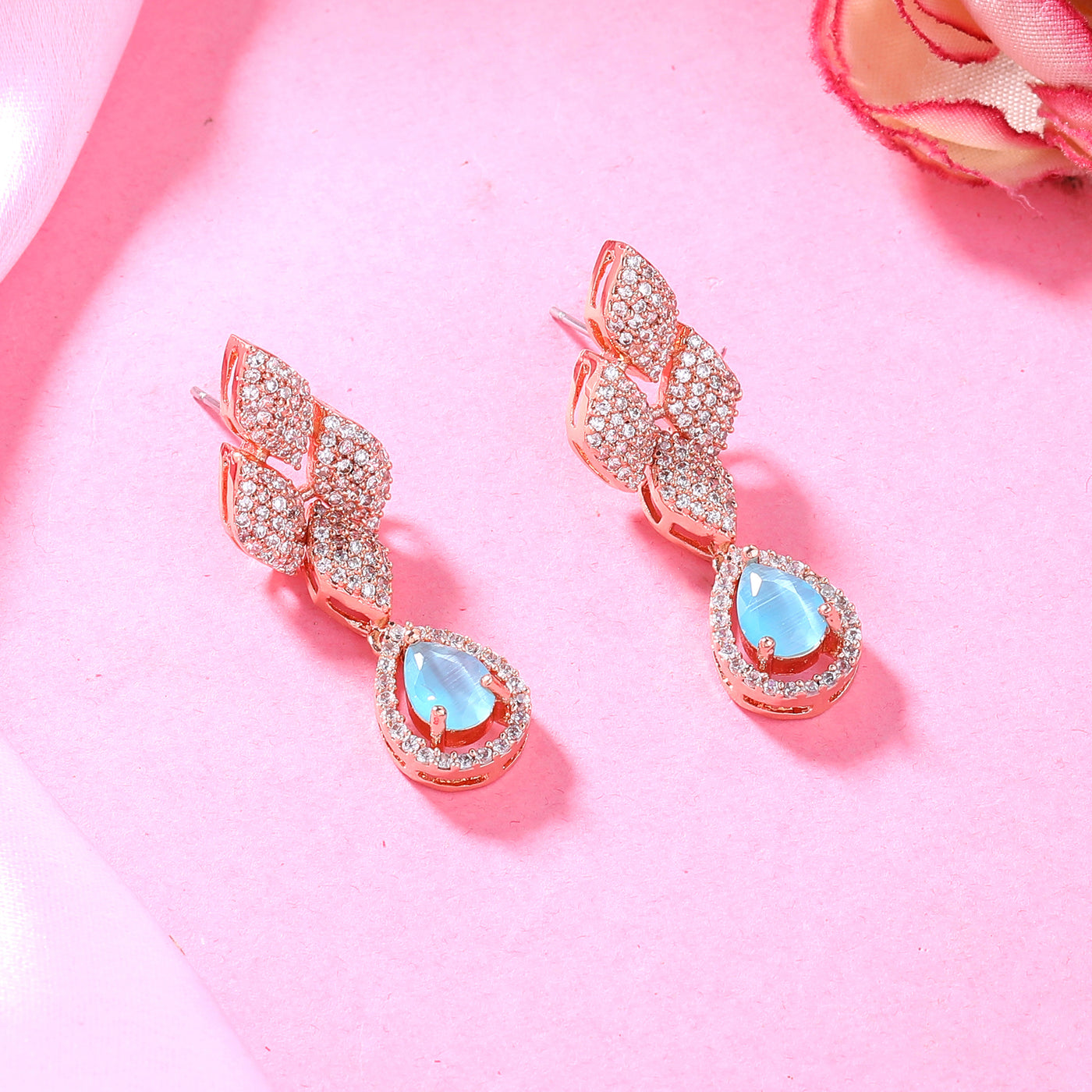 Estele Rose Gold Plated CZ Splendid Drop Earrings with Mint Blue Stones for Women