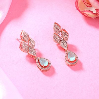 Estele Rose Gold Plated CZ Splendid Drop Earrings with Mint Green Stones for Women