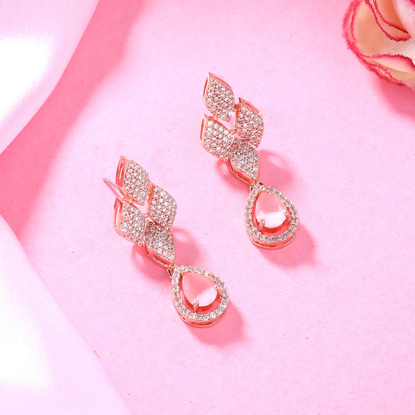 Estele Rose Gold Plated CZ Splendid Drop Earrings with Mint Pink Stones for Women