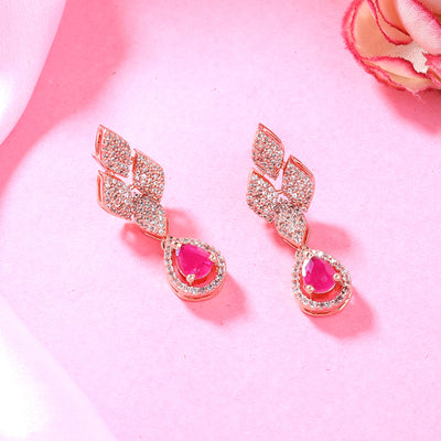 Estele Rose Gold Plated CZ Splendid Drop Earrings with Ruby Stones for Women