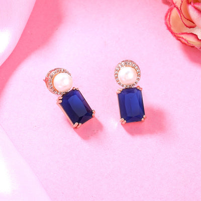 Estele Rose Gold Plated CZ Lovely Earrings with Blue Stones for Women