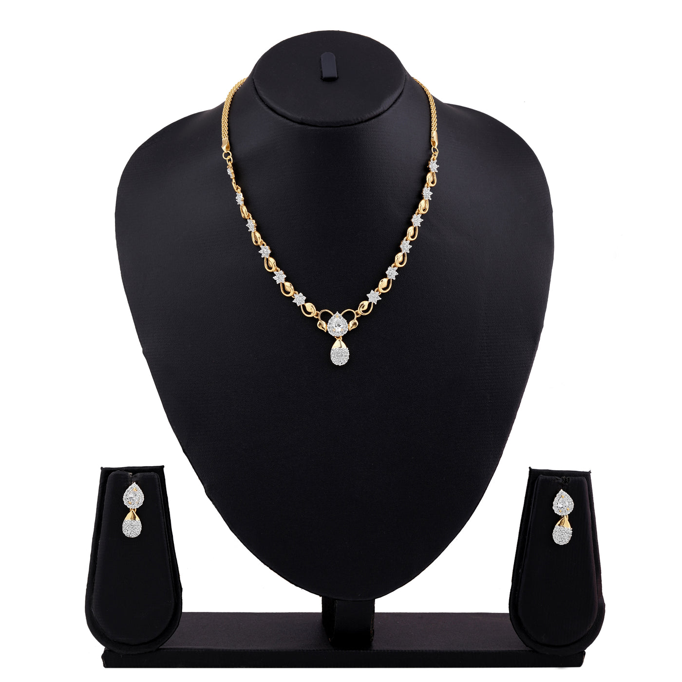 Estele Gold & Rhodium Plated CZ Flower Designer Necklace Set with White Stones for Women