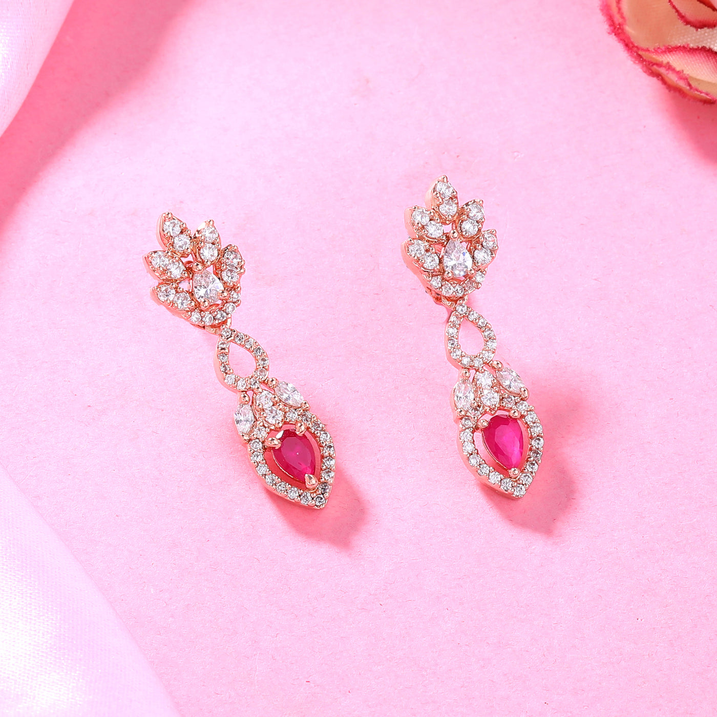 Estele Rose Gold Plated CZ Elegant Drop Earrings with Ruby Stones for Women