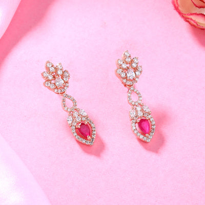 Estele Rose Gold Plated CZ Elegant Drop Earrings with Ruby Stones for Women