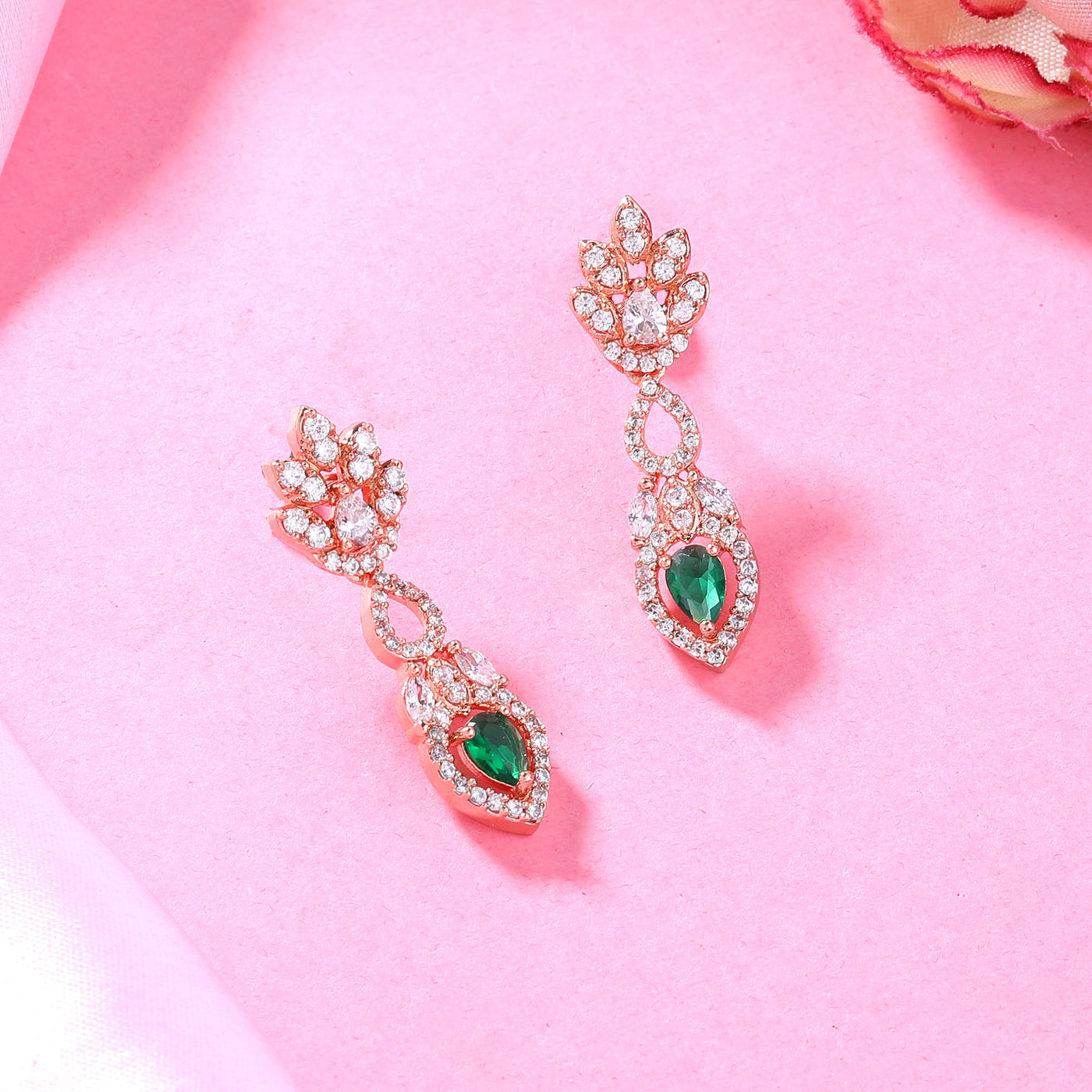 Estele Rose Gold Plated CZ Elegant Drop Earrings with Green Stones for Women