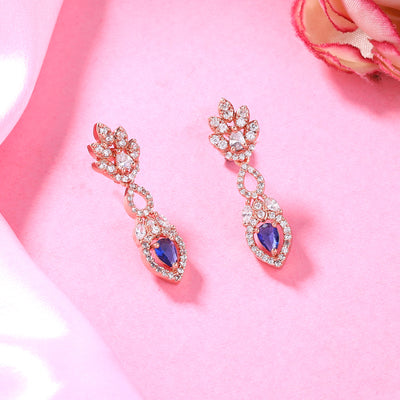 Estele Rose Gold Plated CZ Elegant Drop Earrings with Blue Stones for Women