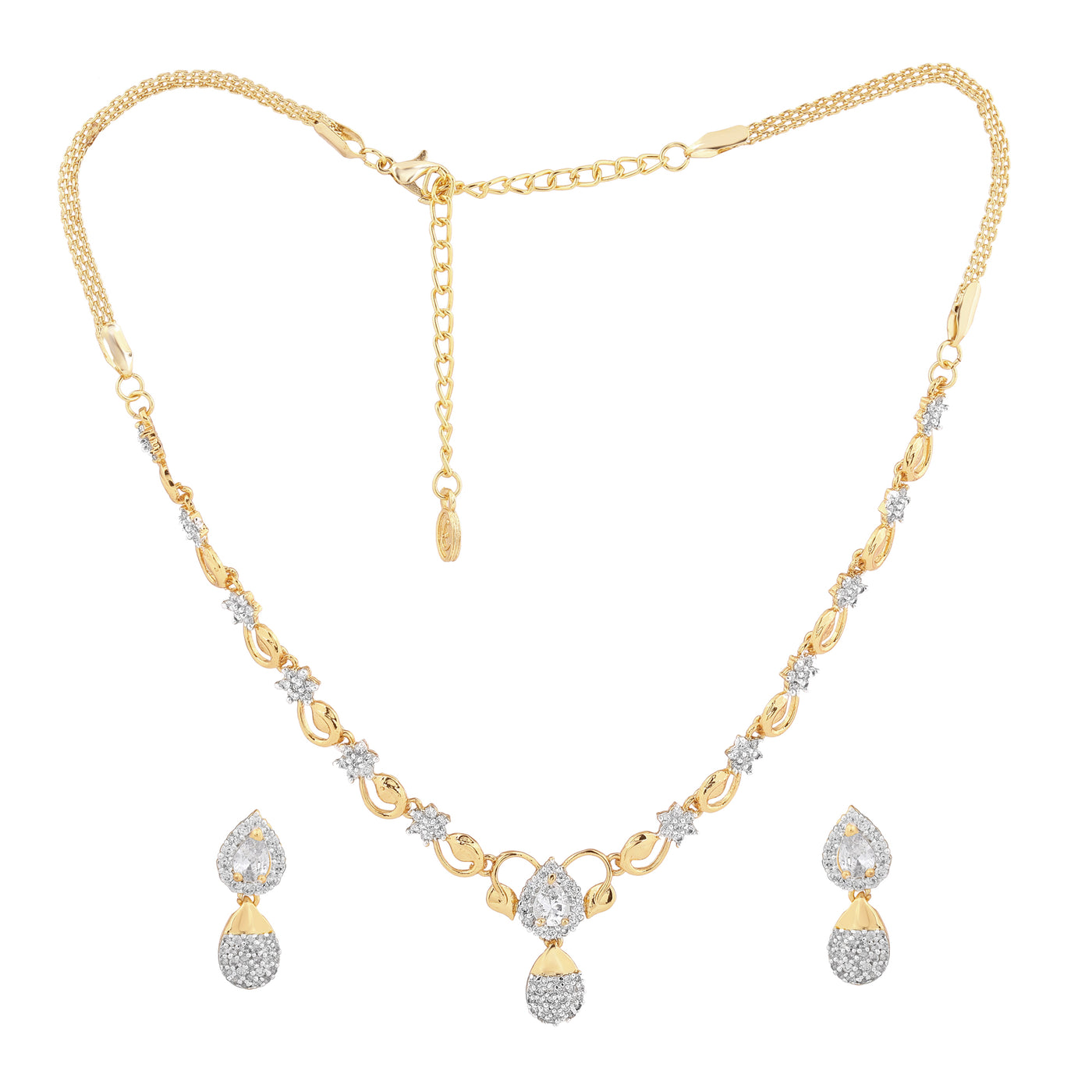 Estele Gold & Rhodium Plated CZ Flower Designer Necklace Set with White Stones for Women