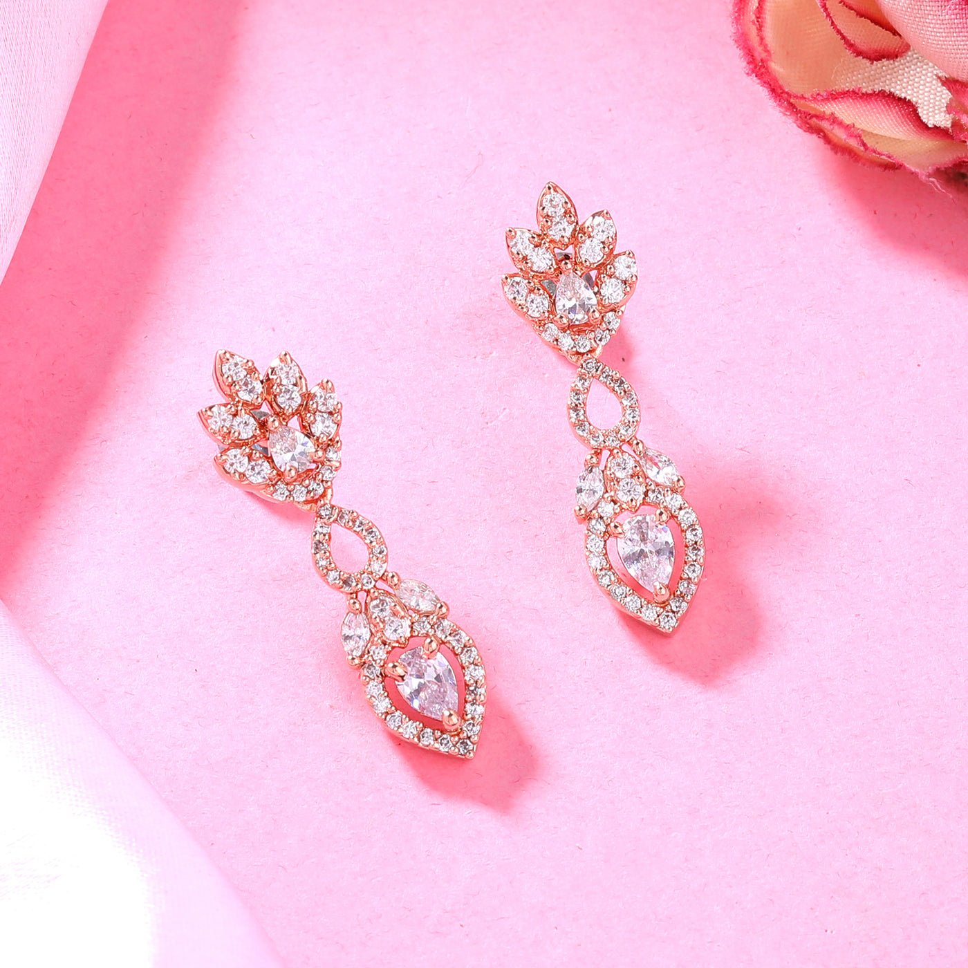 Estele Rose Gold Plated CZ Elegant Drop Earrings with White Stones for Women