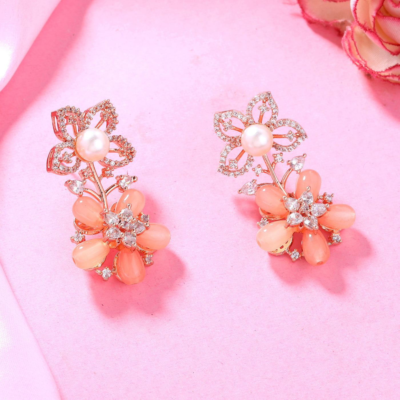 Estele Rose Gold Plated CZ Dazzling Daisy Earrings with Mint Orange Stones for Women