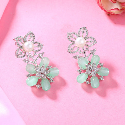 Estele Rhodium Plated CZ Dazzling Daisy Earrings with Mint Green Stones for Women