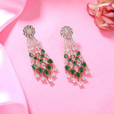 Estele Rose Gold Plated CZ Shimmering Earrings with Green Stones for Women