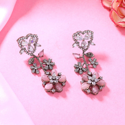 Estele Victorian Plated CZ Exquisite Floral Earrings with Mint Pink Stones for Women