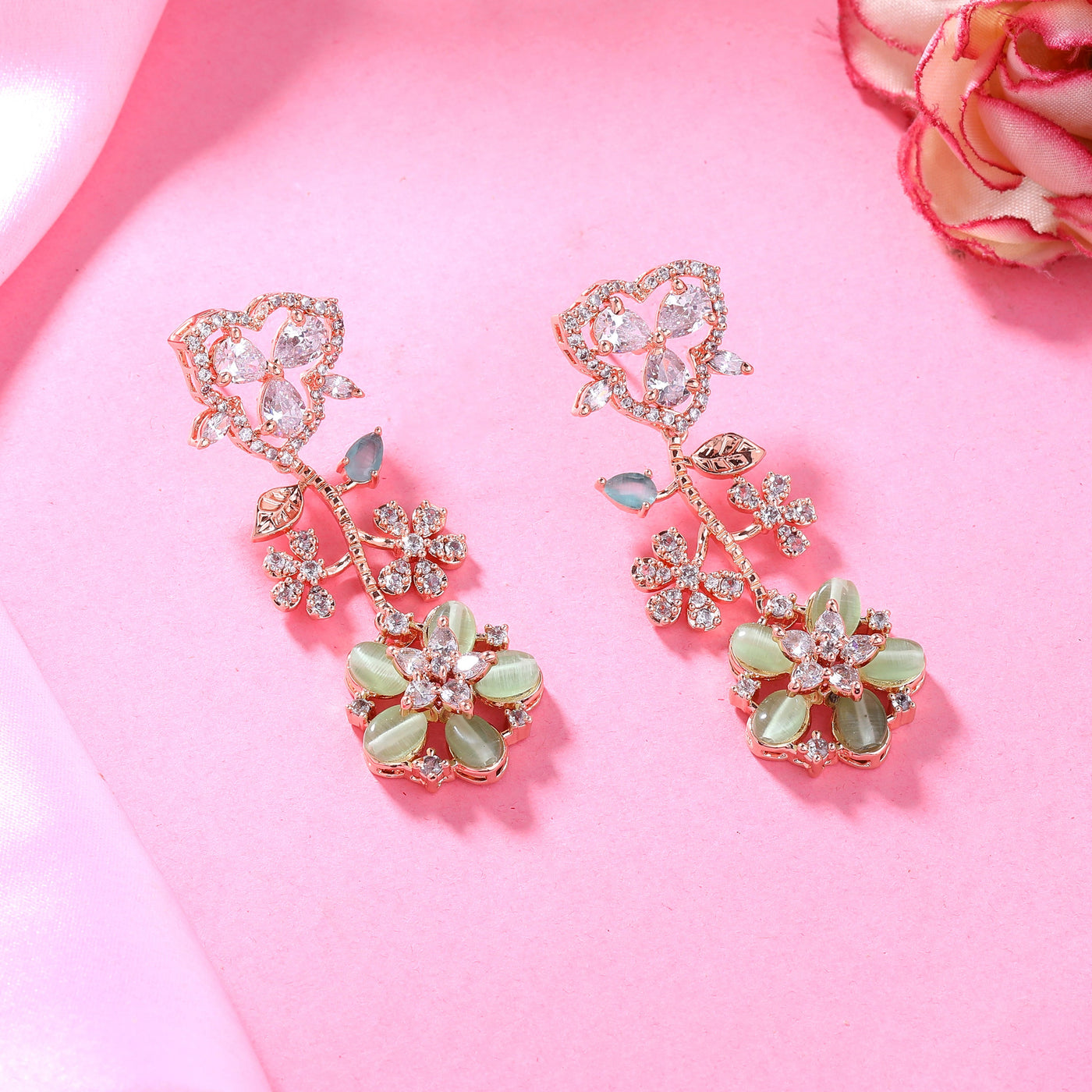 Estele Rose Gold Plated CZ Exquisite Floral Earrings with Mint Green Stones for Women