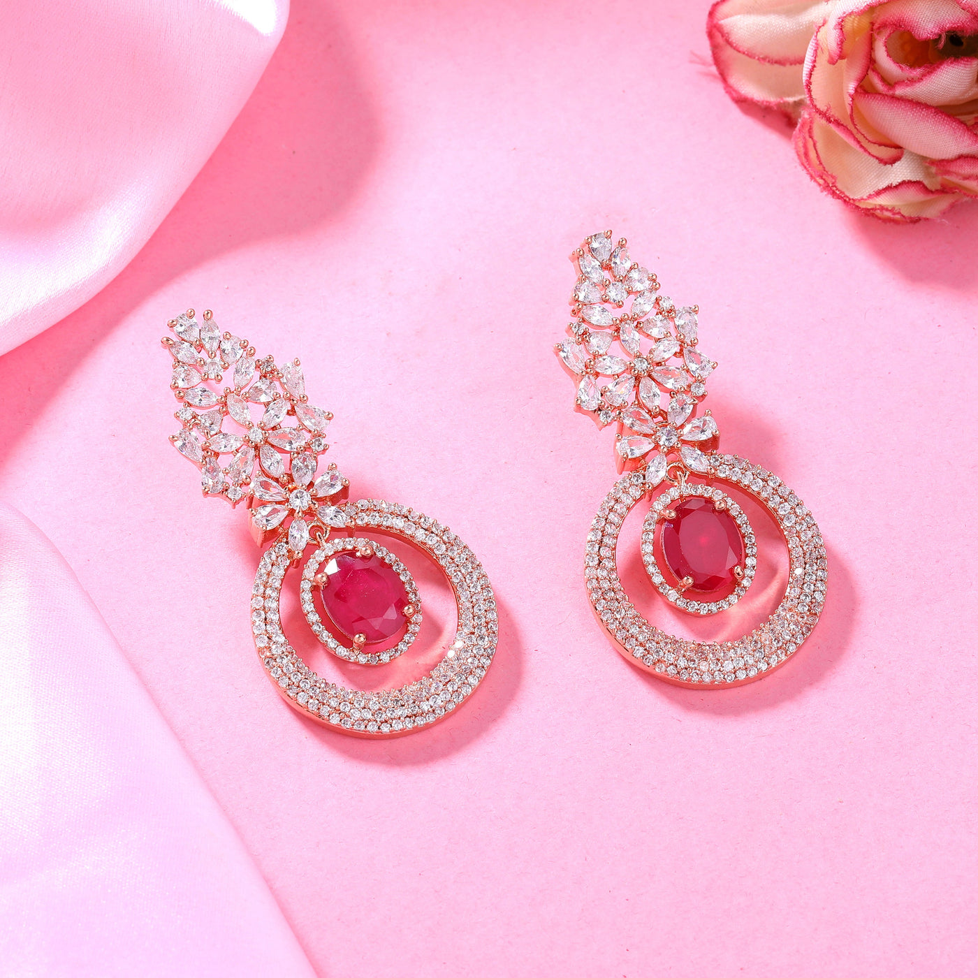 Estele Rose Gold Plated CZ Glamorous Drop Earrings with Ruby Stones for Women