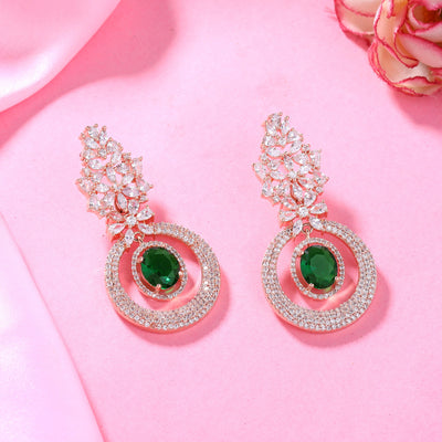 Estele Rose Gold Plated CZ Glamorous Drop Earrings with Green Stones for Women