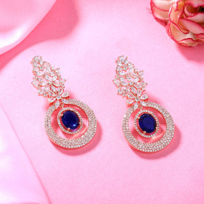 Estele Rose Gold Plated CZ Glamorous Drop Earrings with Blue Stones for Women