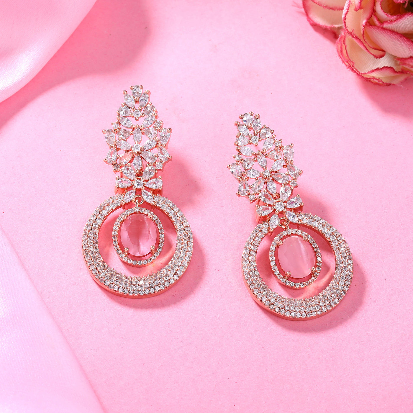 Estele Rose Gold Plated CZ Glamorous Drop Earrings with Mint Pink Stones for Women