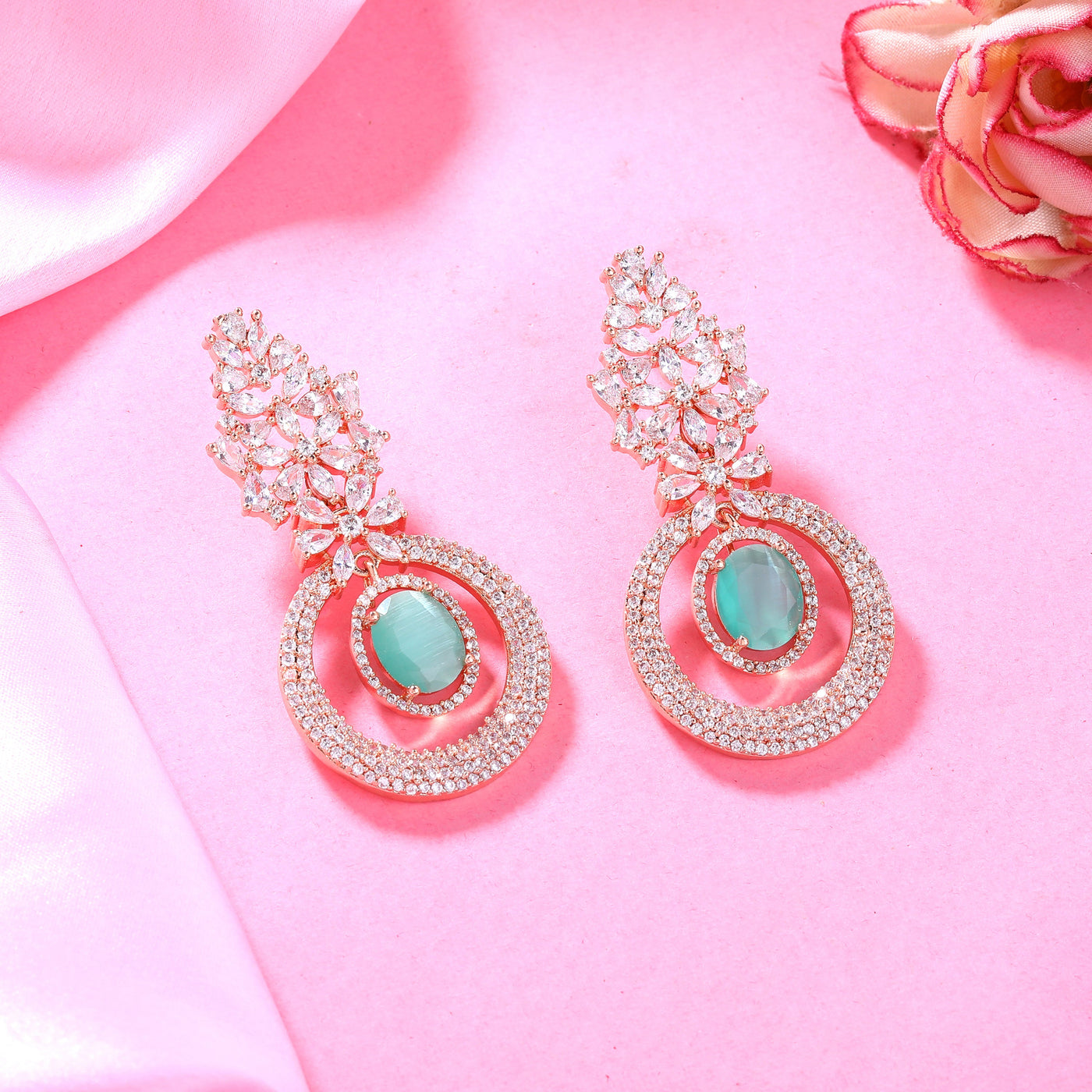 Estele Rose Gold Plated CZ Glamorous Drop Earrings with Mint Green Stones for Women