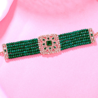 Estele Rose Gold Plated CZ Ravishing Multi-Layered Bracelet With Green Stones For Women