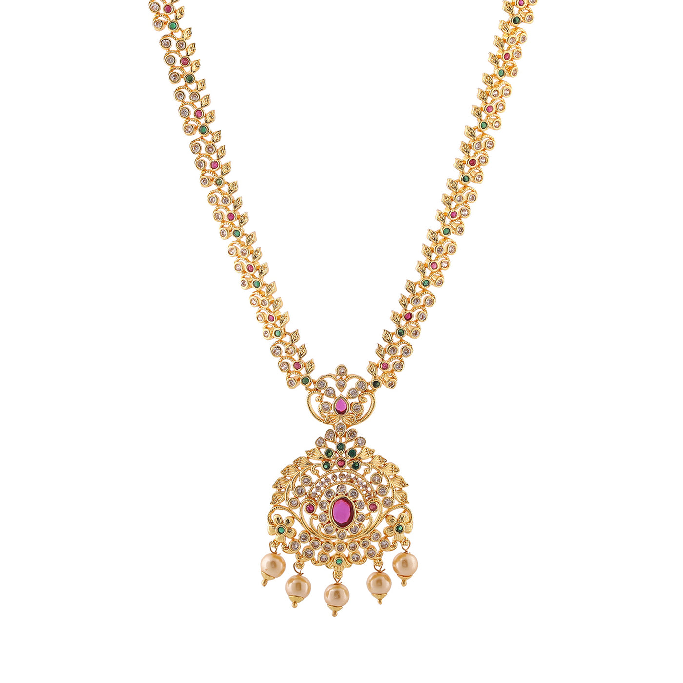 Estele Gold Plated CZ Ravishing Bridal Necklace set with Pearls & Colored Stones for Women