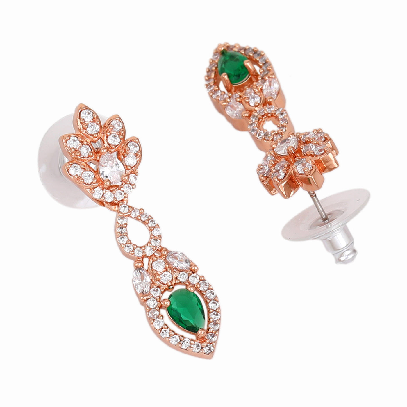 Estele Rose Gold Plated CZ Classic Pear Designer Necklace Set with Green Stones for Women