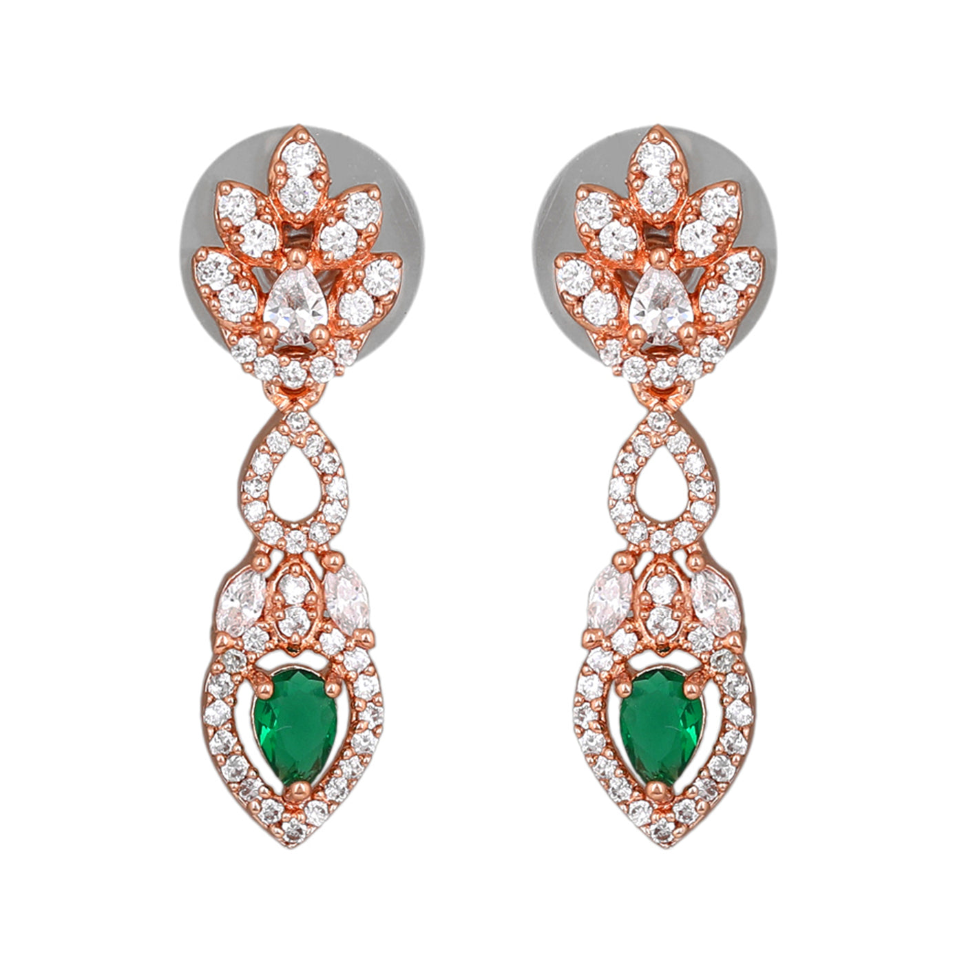 Estele Rose Gold Plated CZ Elegant Drop Earrings with Green Stones for Women