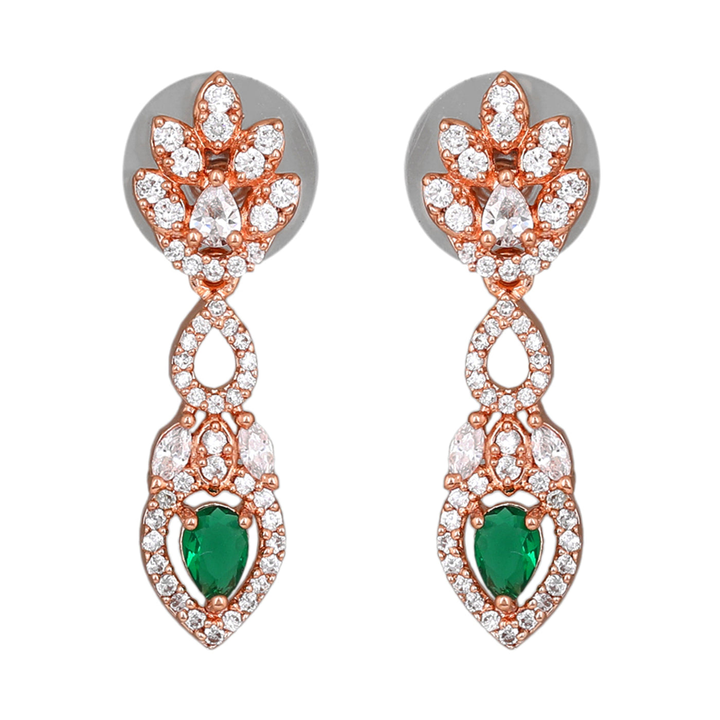 Estele Rose Gold Plated CZ Classic Pear Designer Necklace Set with Green Stones for Women