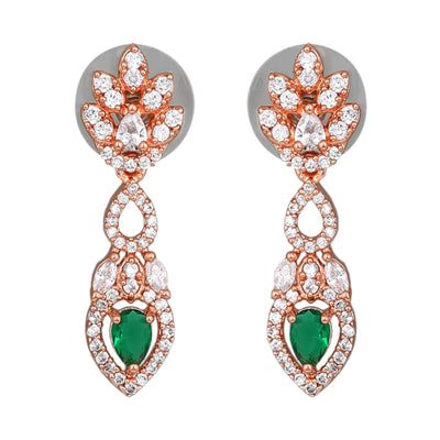 Estele Rose Gold Plated CZ Classic Pear Designer Necklace Set with Green Stones for Women