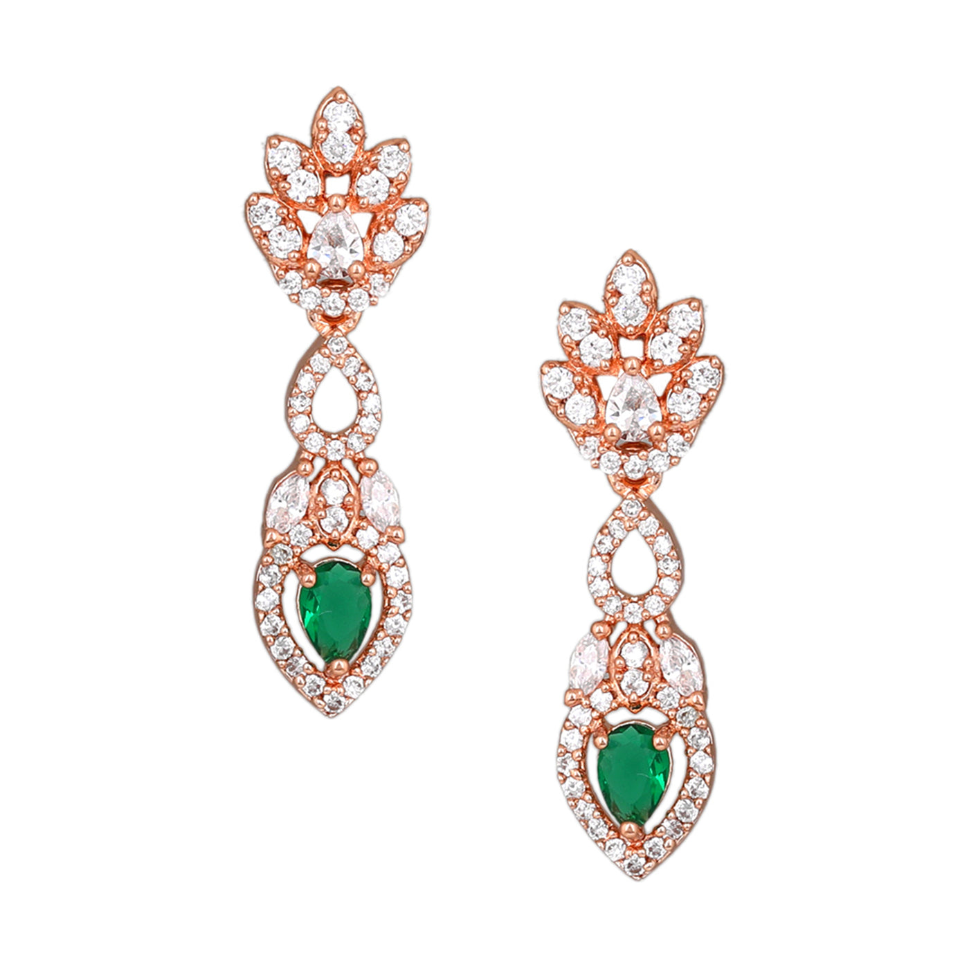 Estele Rose Gold Plated CZ Elegant Drop Earrings with Green Stones for Women