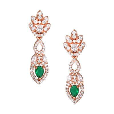 Estele Rose Gold Plated CZ Elegant Drop Earrings with Green Stones for Women