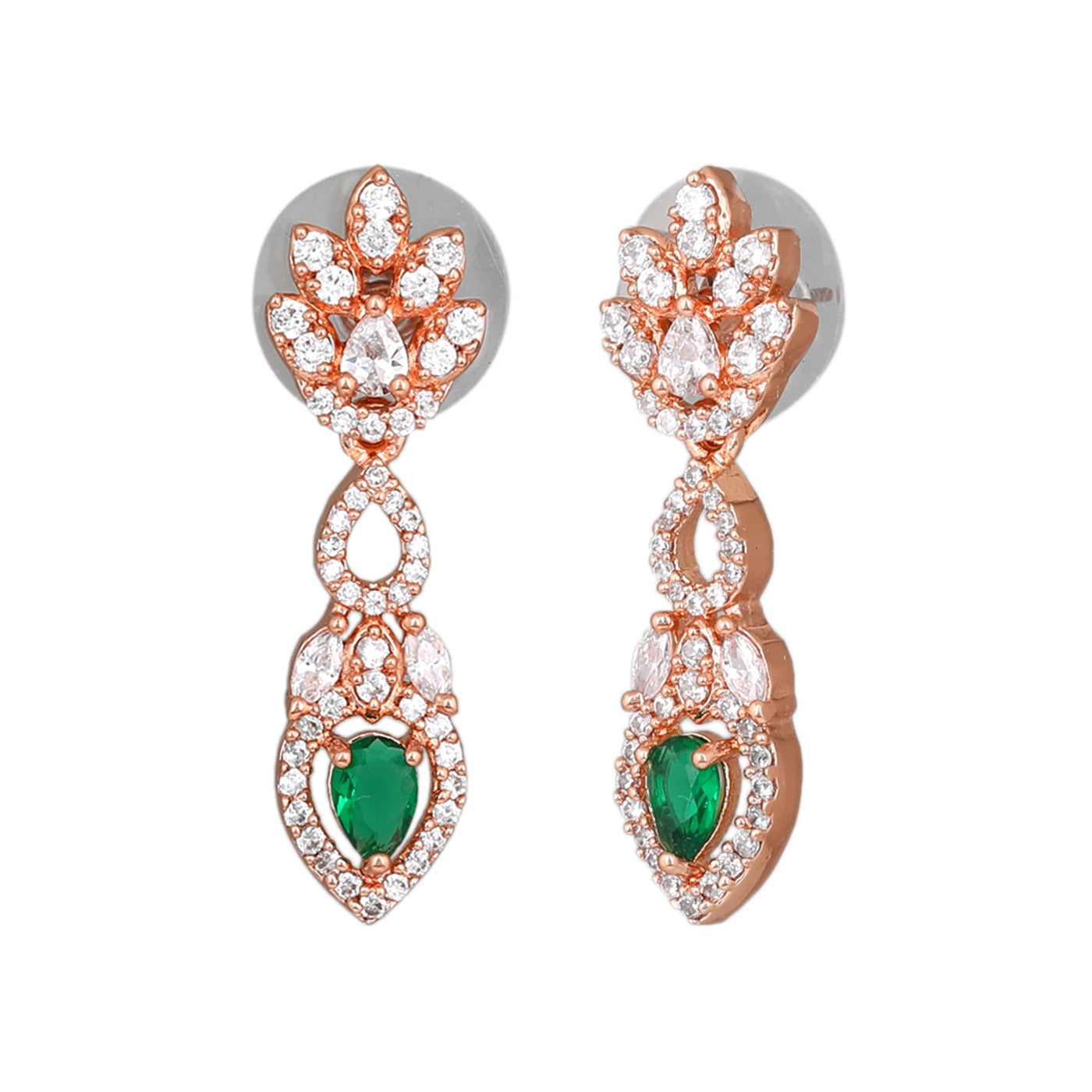 Estele Rose Gold Plated CZ Elegant Drop Earrings with Green Stones for Women