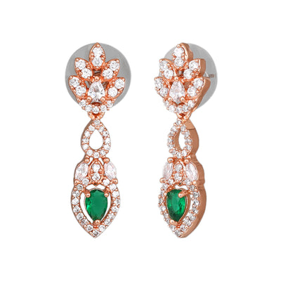 Estele Rose Gold Plated CZ Elegant Drop Earrings with Green Stones for Women