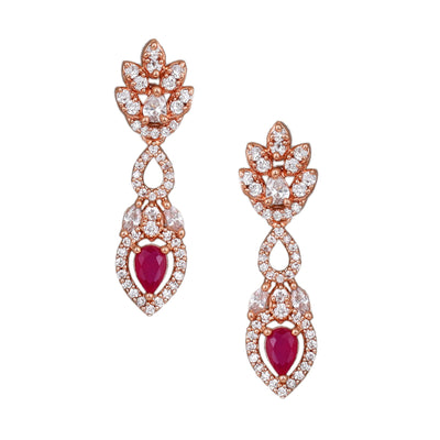 Estele Rose Gold Plated CZ Classic Pear Designer Necklace Set with Ruby Stones for Women