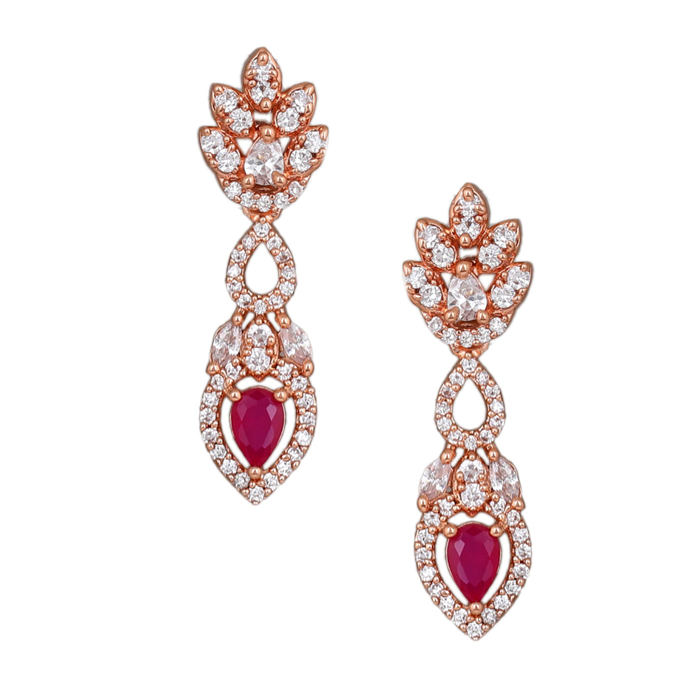 Estele Rose Gold Plated CZ Elegant Drop Earrings with Ruby Stones for Women