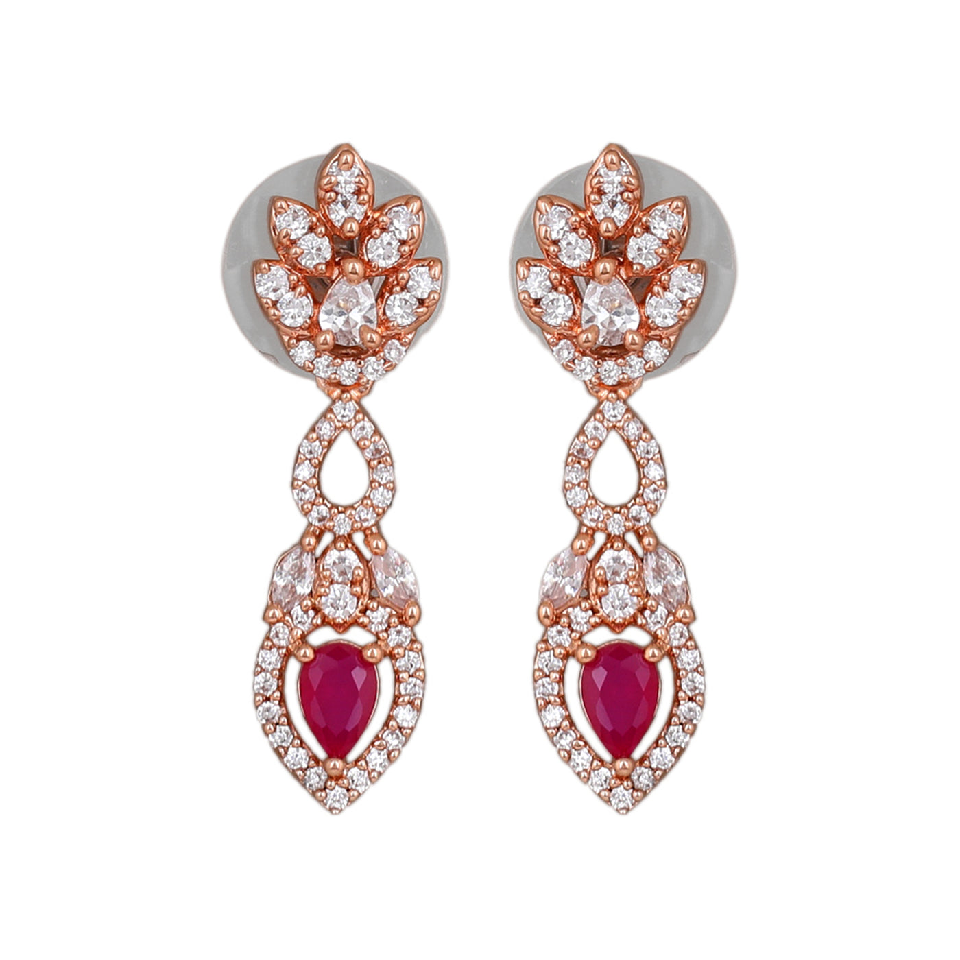 Estele Rose Gold Plated CZ Elegant Drop Earrings with Ruby Stones for Women