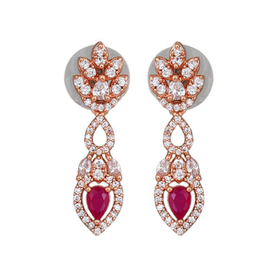 Estele Rose Gold Plated CZ Elegant Drop Earrings with Ruby Stones for Women